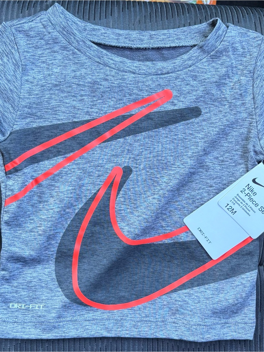 Nike Kids 2-Piece Active Set - Gray Top with Red Swoosh & Black Shorts - Picture 2 of 4